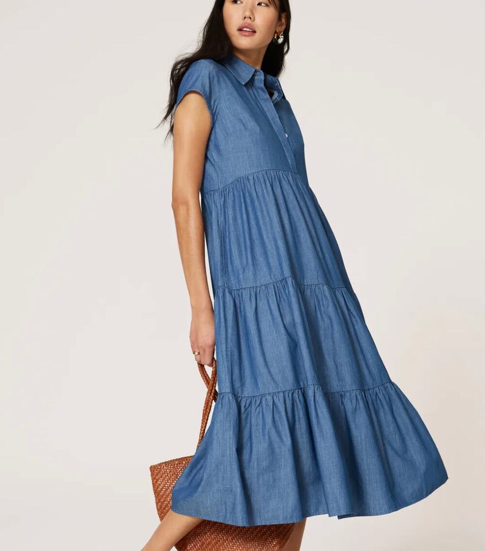 Peter Som Blue Chambray Midi Dress XS Cotton Tiered Ruffle Cottage Western $400